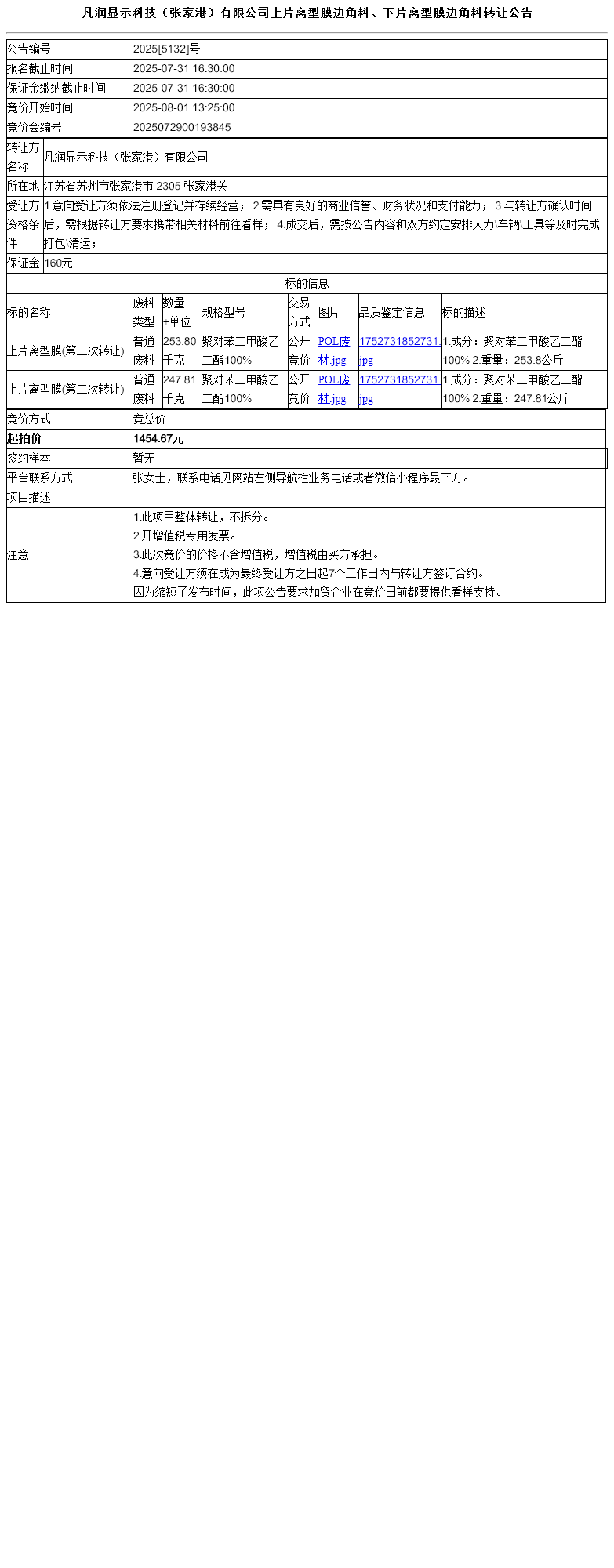 凡润显示科技（张家港）有限公司上片离型膜边角料、下片离型膜边角料转让公告