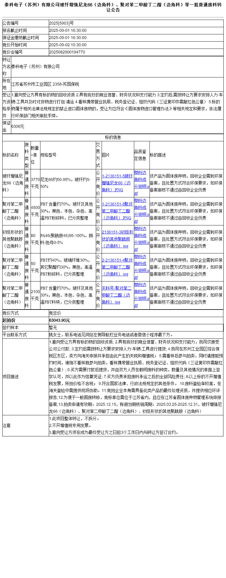 泰科电子（苏州）有限公司玻纤增强尼龙66（边角料）、聚对苯二甲酸丁二酯（边角料）等一批普通废料转让公告
