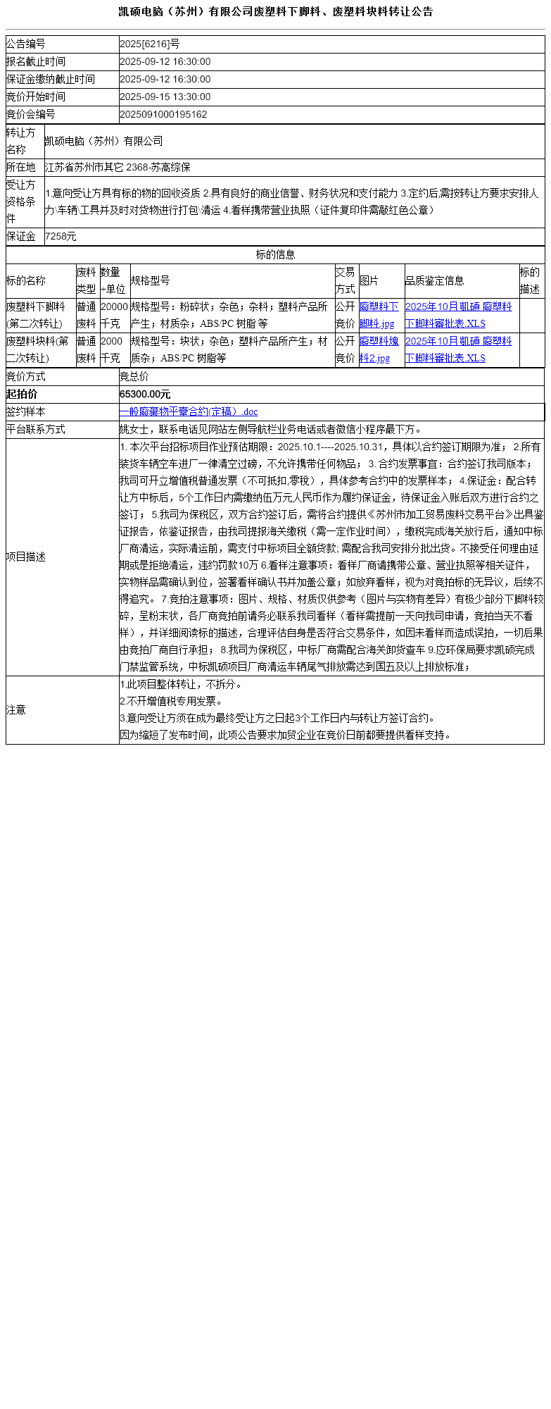 凯硕电脑（苏州）有限公司废塑料下脚料、废塑料块料转让公告