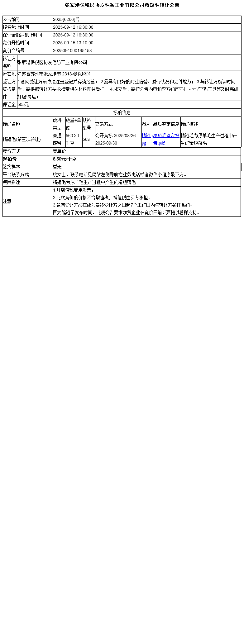 张家港保税区协友毛纺工业有限公司精短毛转让公告
