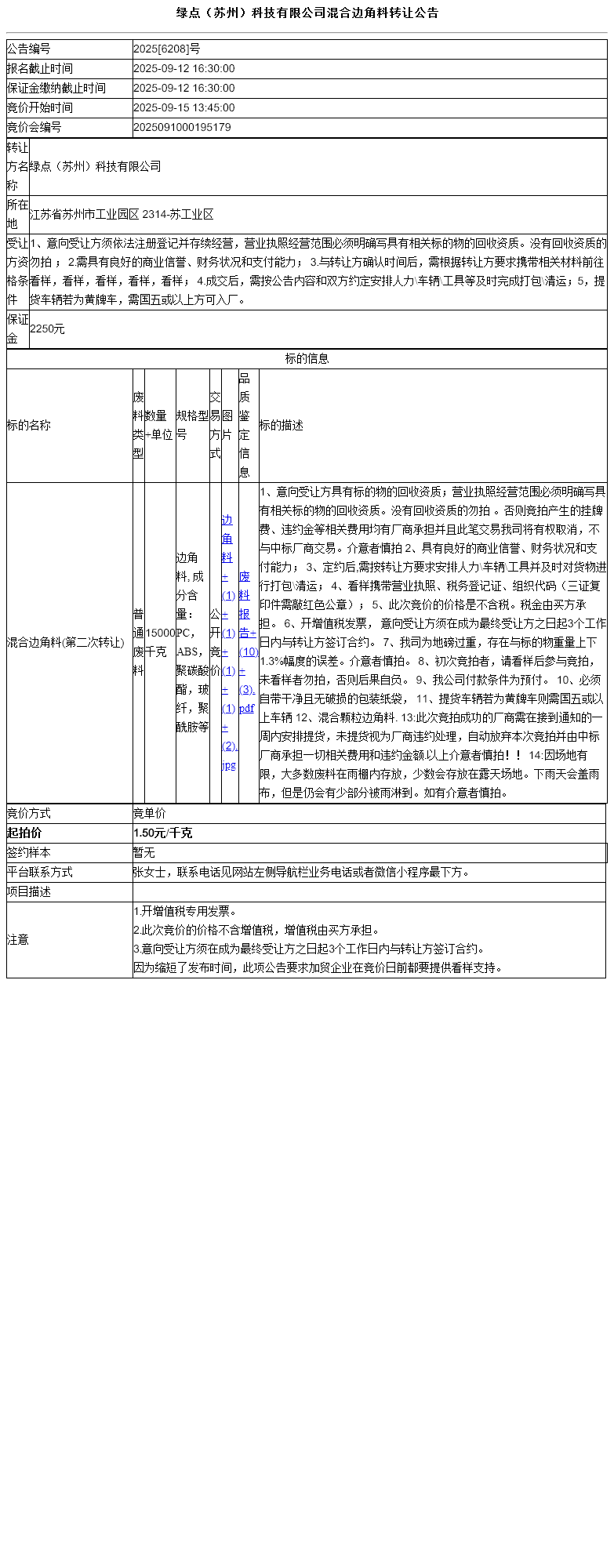 绿点（苏州）科技有限公司混合边角料转让公告