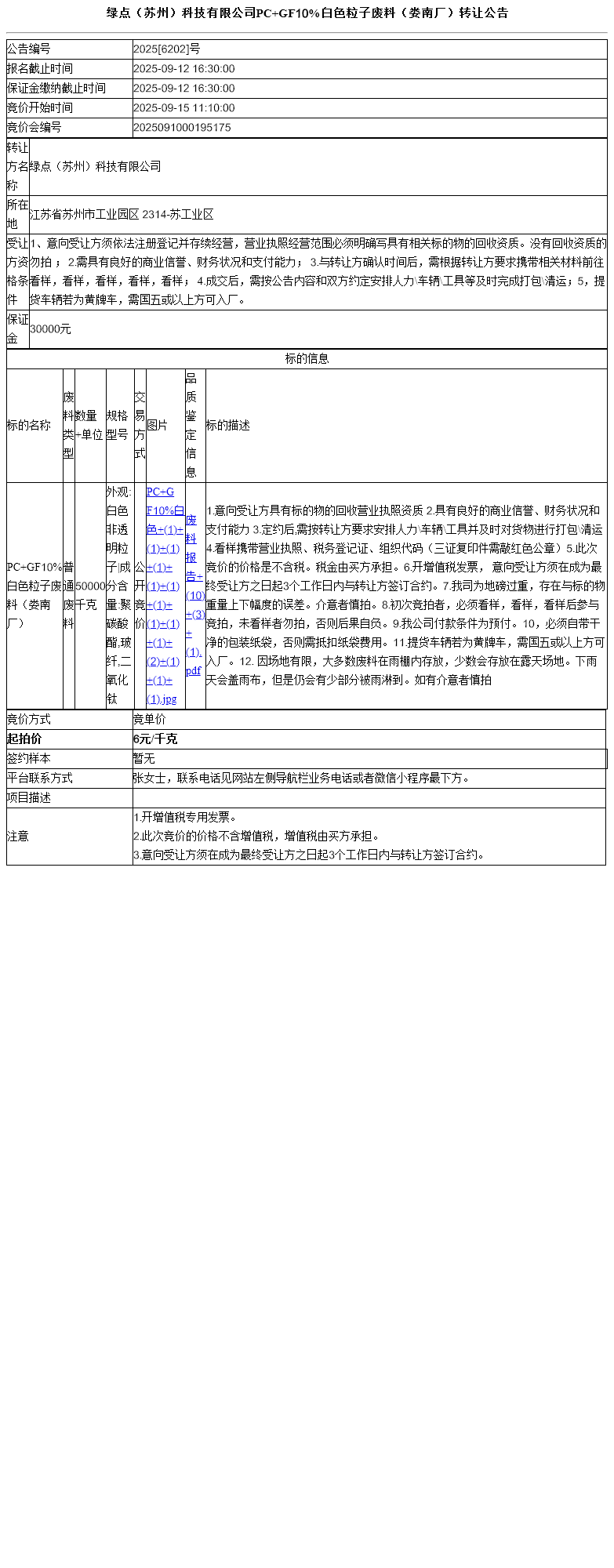 绿点（苏州）科技有限公司PC+GF10%白色粒子废料（娄南厂）转让公告