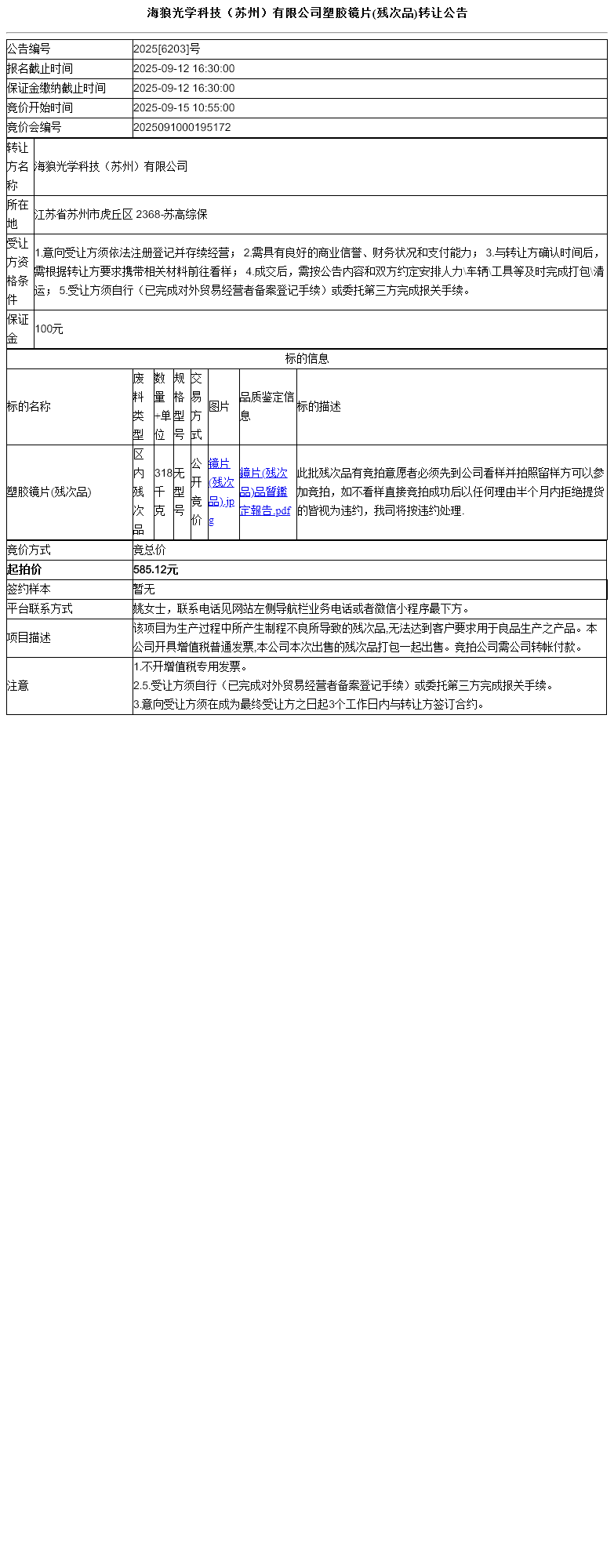 海狼光学科技（苏州）有限公司塑胶镜片(残次品)转让公告