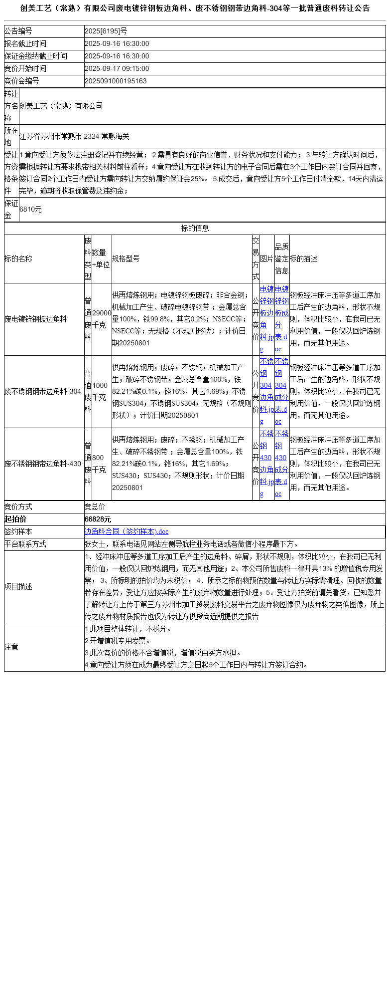 创美工艺（常熟）有限公司废电镀锌钢板边角料、废不锈钢钢带边角料-304等一批普通废料转让公告
