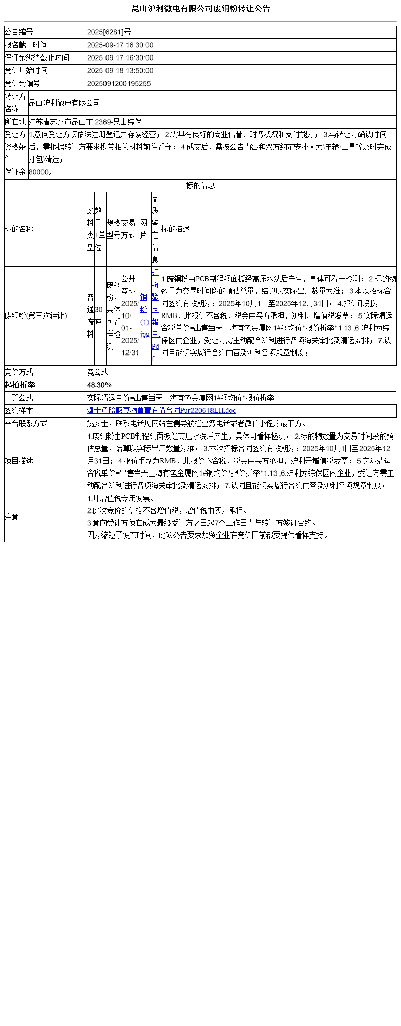 昆山沪利微电有限公司废铜粉转让公告