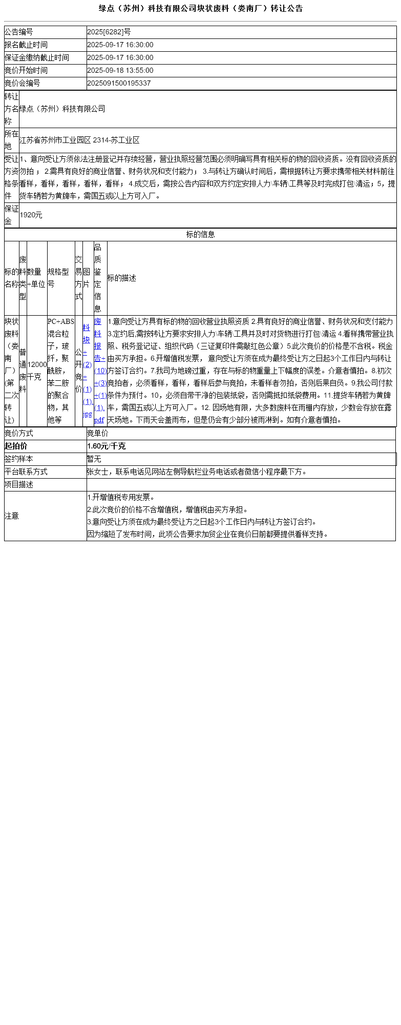 绿点（苏州）科技有限公司块状废料（娄南厂）转让公告