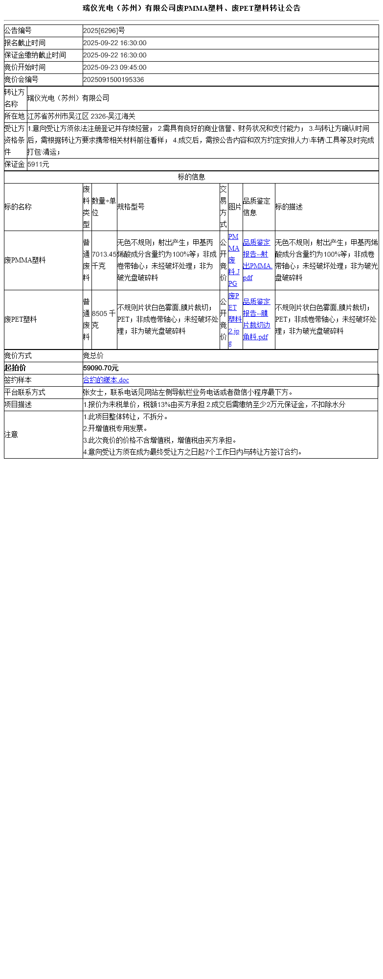 瑞仪光电（苏州）有限公司废PMMA塑料、废PET塑料转让公告