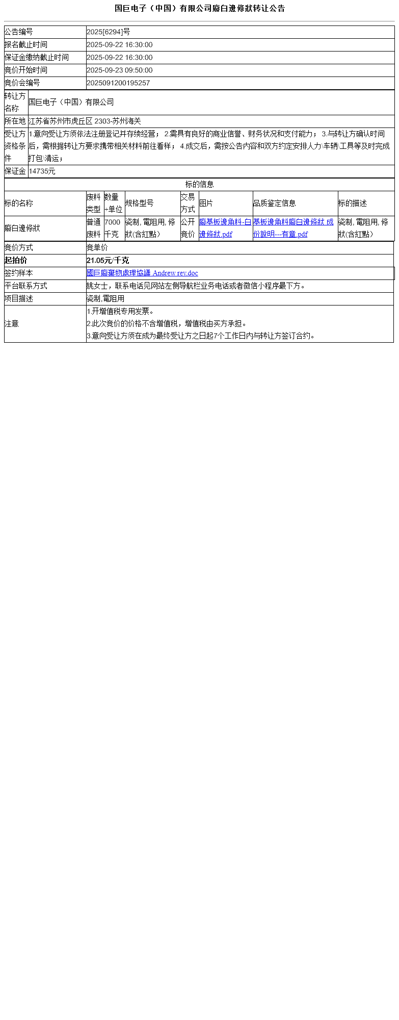 国巨电子（中国）有限公司廢白邊條狀转让公告