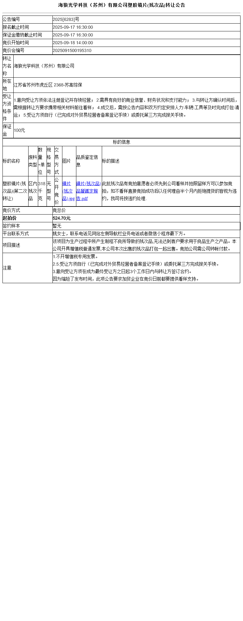 海狼光学科技（苏州）有限公司塑胶镜片(残次品)转让公告