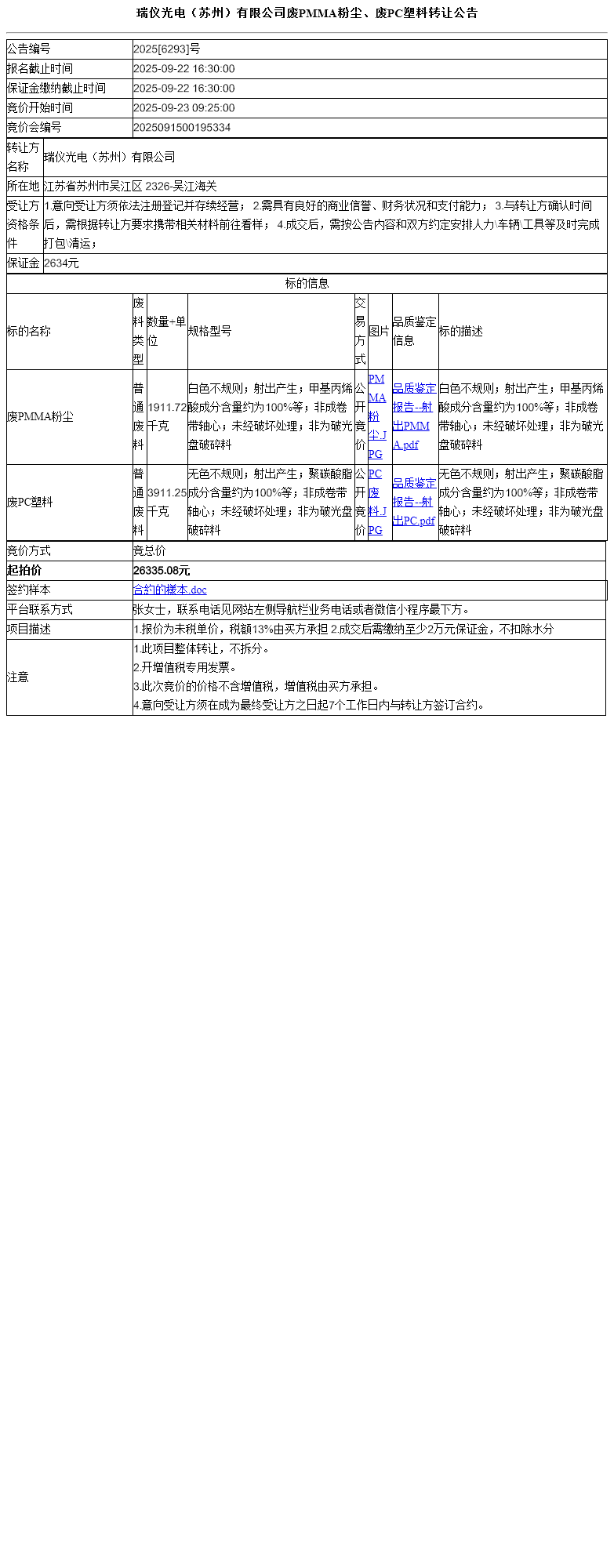 瑞仪光电（苏州）有限公司废PMMA粉尘、废PC塑料转让公告