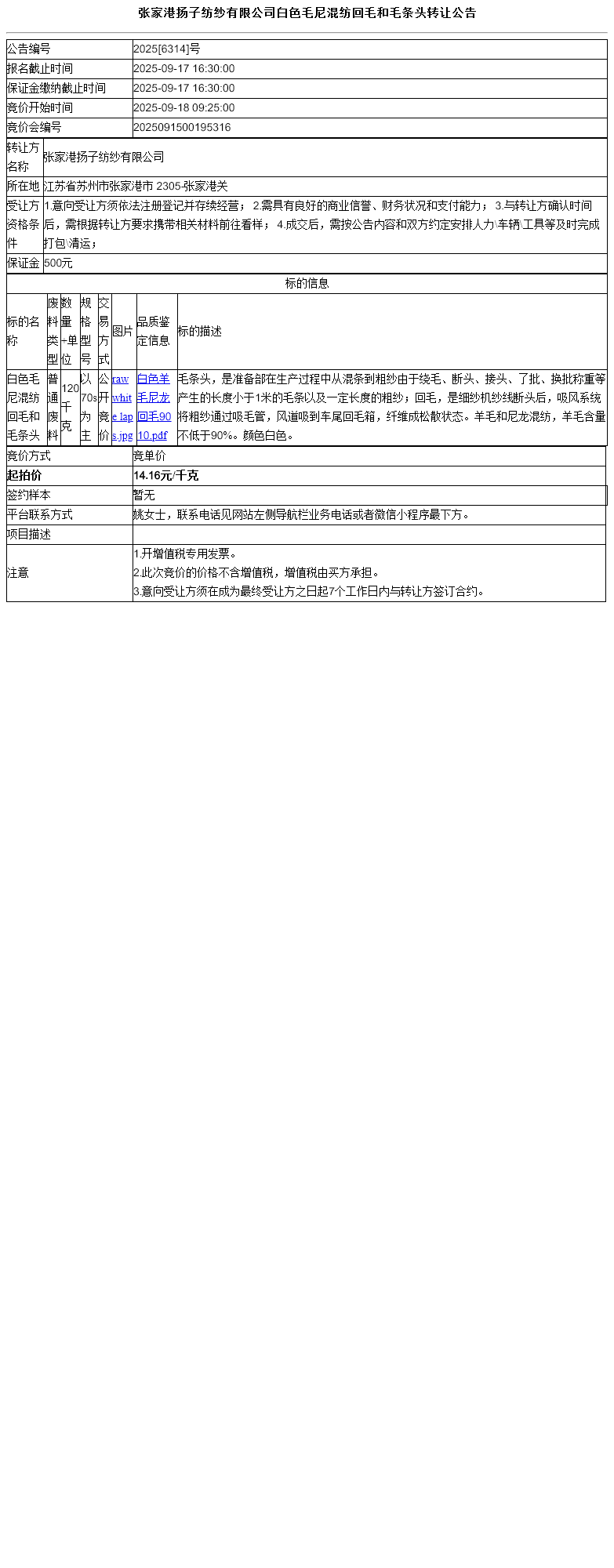 张家港扬子纺纱有限公司白色毛尼混纺回毛和毛条头转让公告