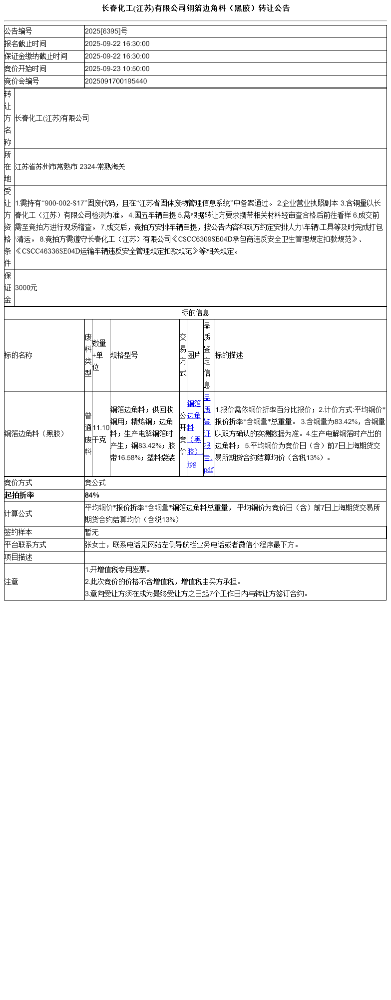 长春化工(江苏)有限公司铜箔边角料（黑胶）转让公告