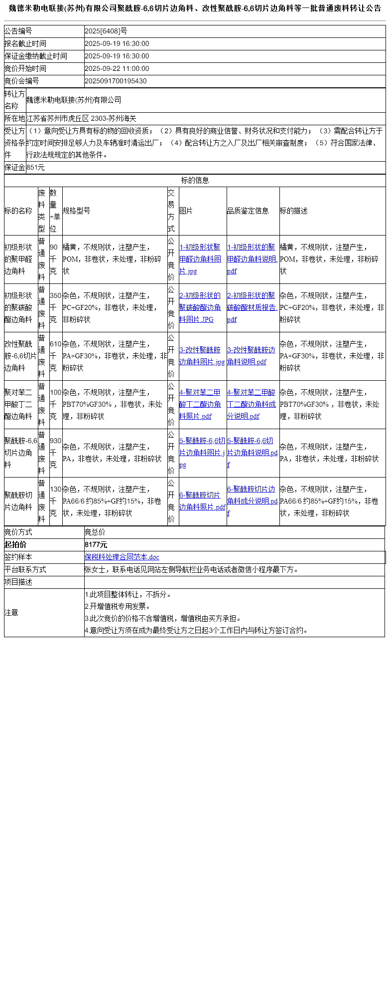 魏德米勒电联接(苏州)有限公司聚酰胺-6,6切片边角料、改性聚酰胺-6,6切片边角料等一批普通废料转让公告