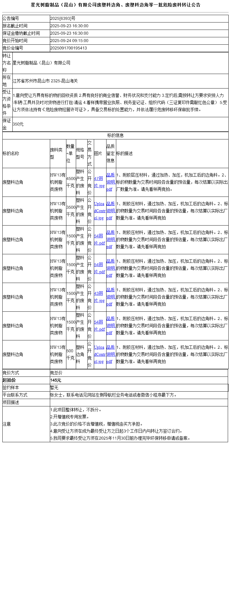 星光树脂制品（昆山）有限公司废塑料边角、废塑料边角等一批危险废料转让公告