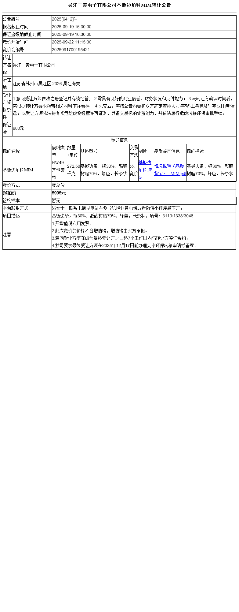 吴江三美电子有限公司基板边角料MIM转让公告