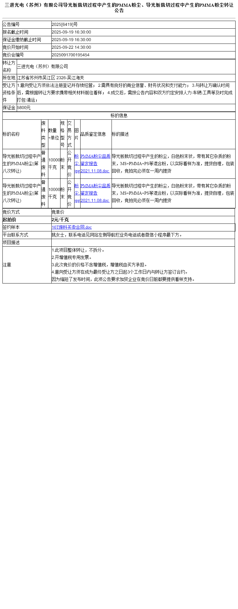 三进光电（苏州）有限公司导光板裁切过程中产生的PMMA粉尘、导光板裁切过程中产生的PMMA粉尘转让公告