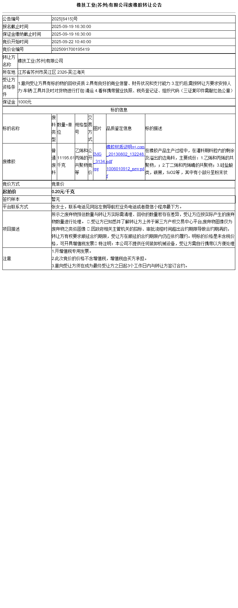 橡技工业(苏州)有限公司废橡胶转让公告