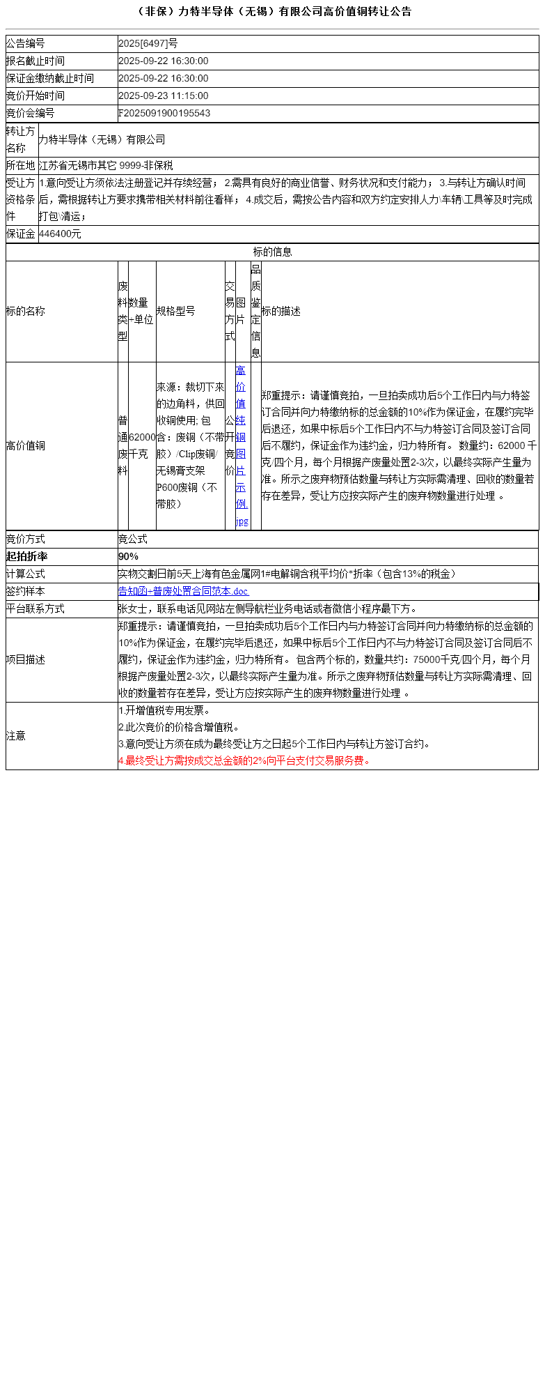 （非保）力特半导体（无锡）有限公司高价值铜转让公告