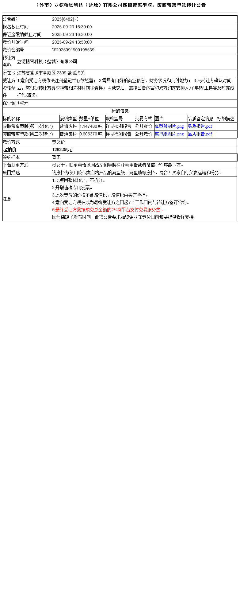 （外市）立铠精密科技（盐城）有限公司废胶带离型膜、废胶带离型纸转让公告