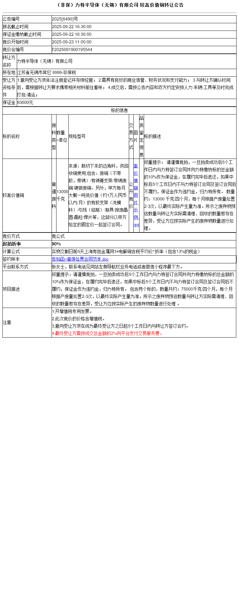 （非保）力特半导体（无锡）有限公司	较高价值铜转让公告