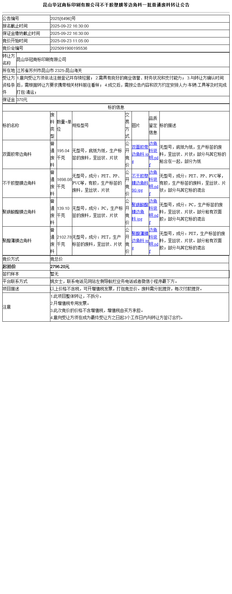 昆山华冠商标印刷有限公司不干胶塑膜等边角料一批普通废料转让公告