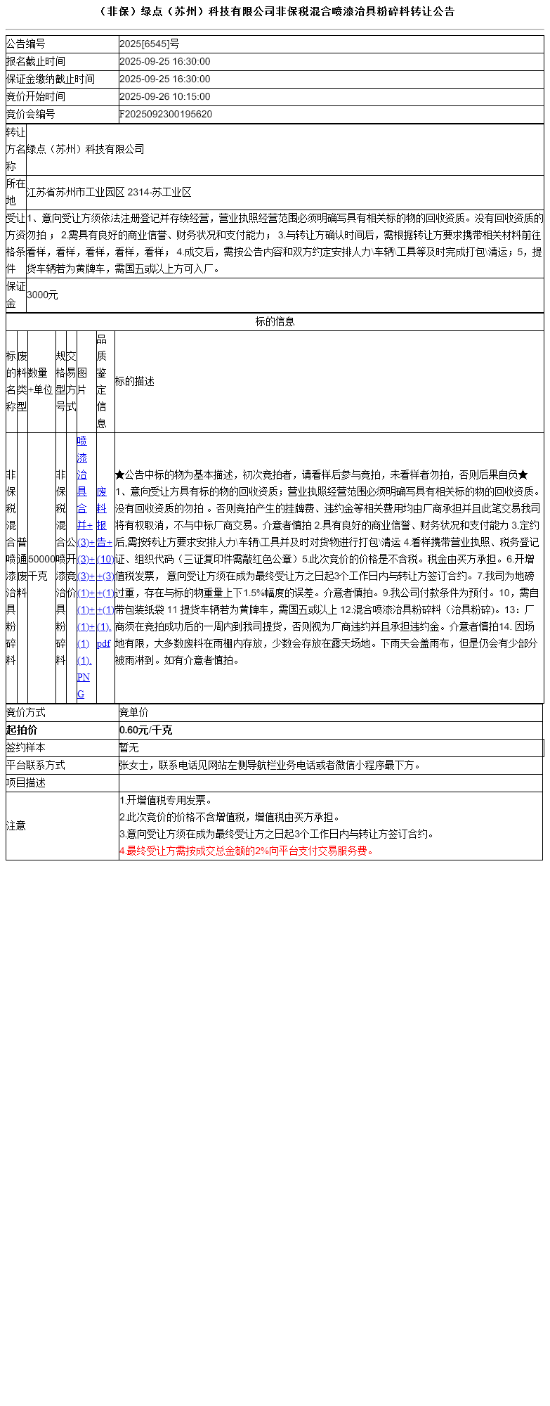 （非保）绿点（苏州）科技有限公司非保税混合喷漆治具粉碎料转让公告