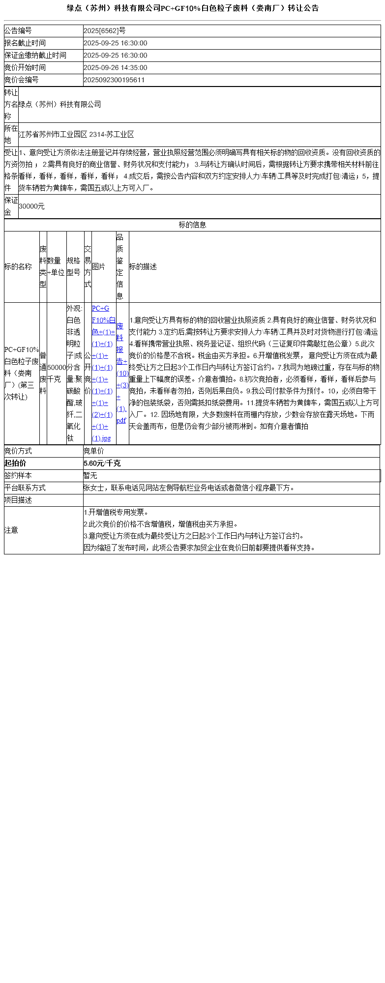 绿点（苏州）科技有限公司PC+GF10%白色粒子废料（娄南厂）转让公告
