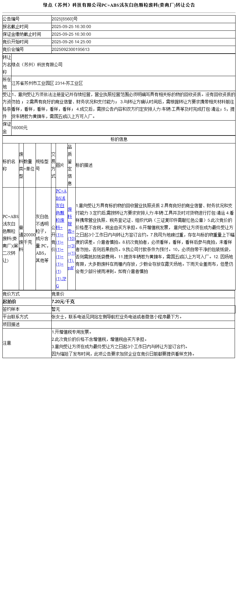 绿点（苏州）科技有限公司PC+ABS浅灰白色颗粒废料(娄南厂)转让公告