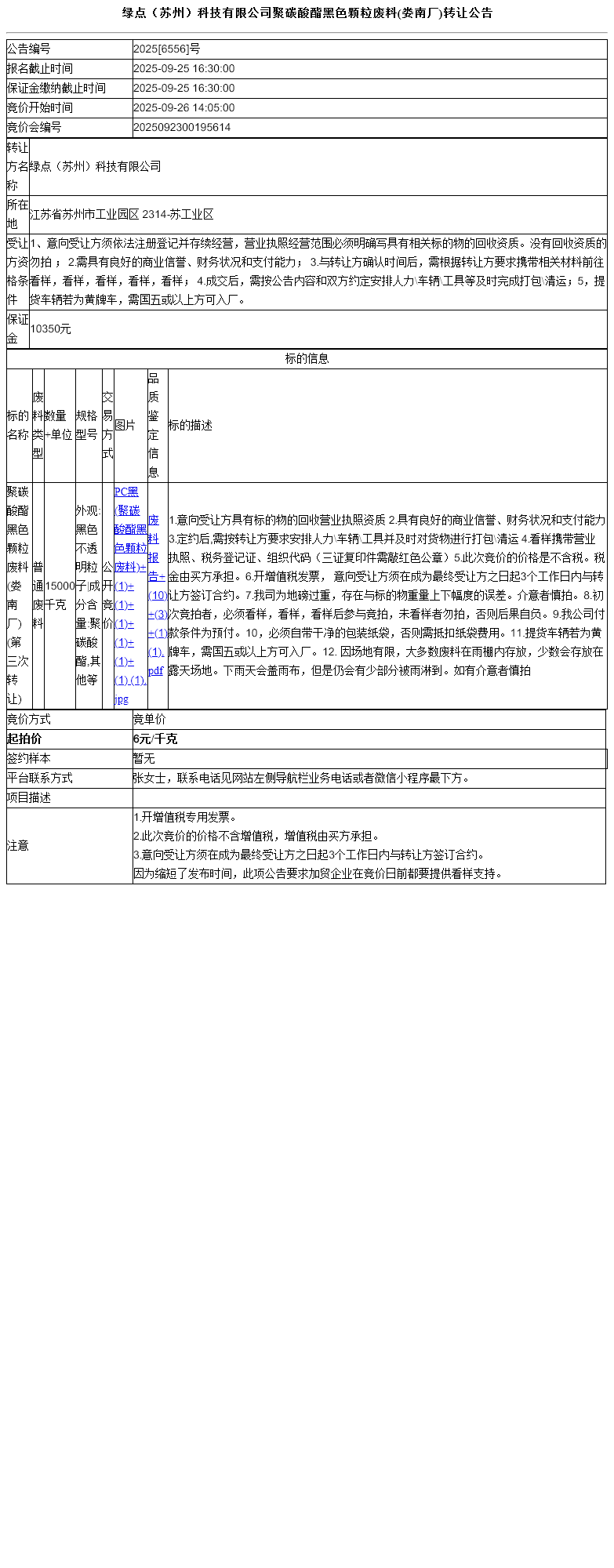 绿点（苏州）科技有限公司聚碳酸酯黑色颗粒废料(娄南厂)转让公告