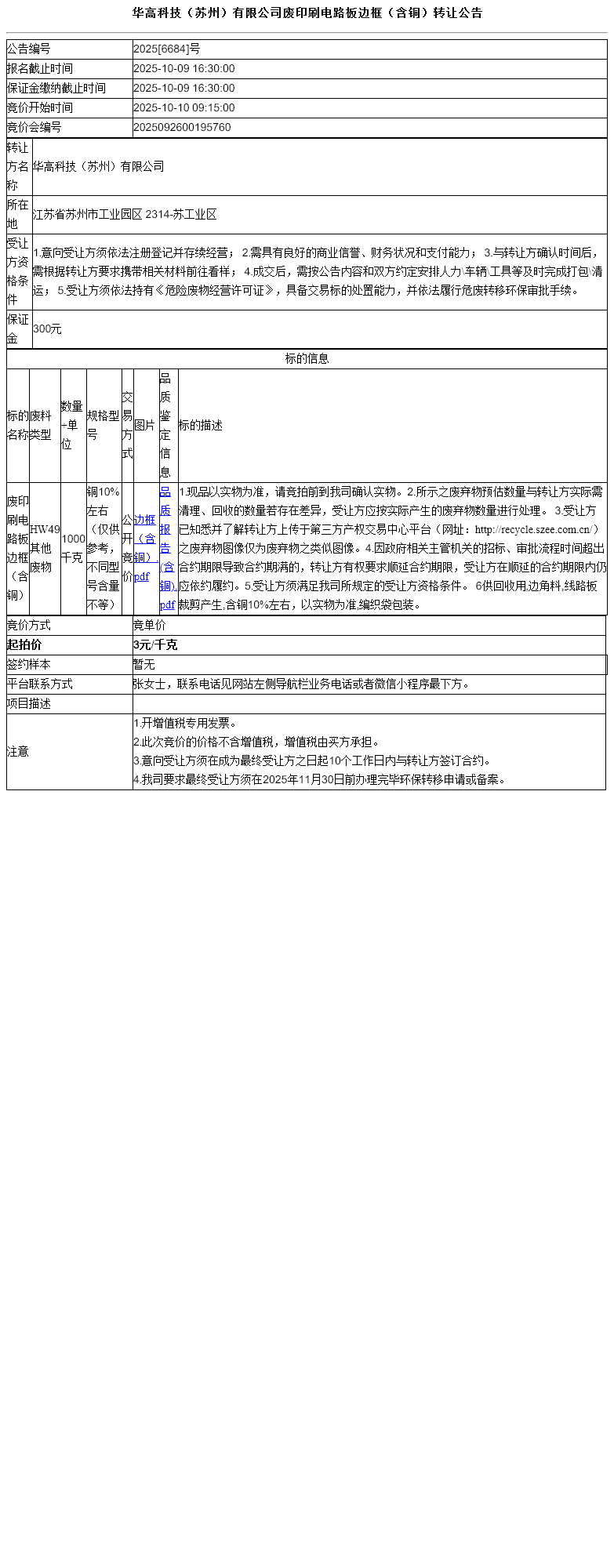 华高科技（苏州）有限公司废印刷电路板边框（含铜）转让公告