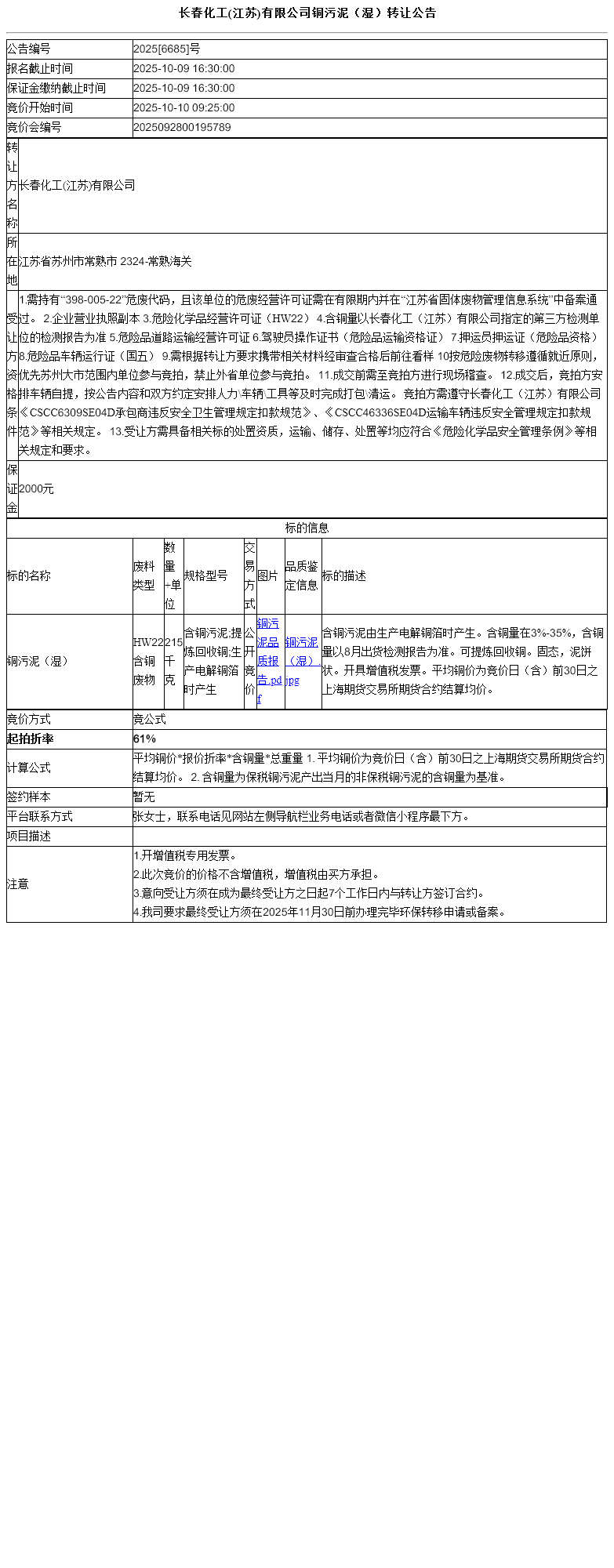 长春化工(江苏)有限公司铜污泥（湿）转让公告