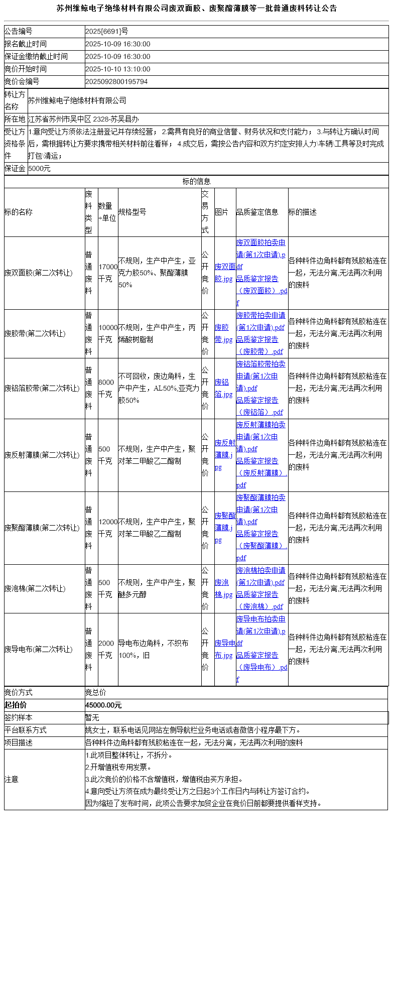 苏州维鲸电子绝缘材料有限公司废双面胶、废聚酯薄膜等一批普通废料转让公告