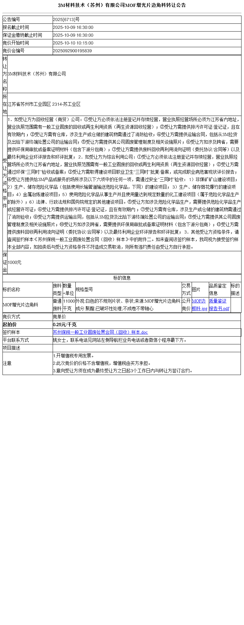 3M材料技术（苏州）有限公司MOF增光片边角料转让公告