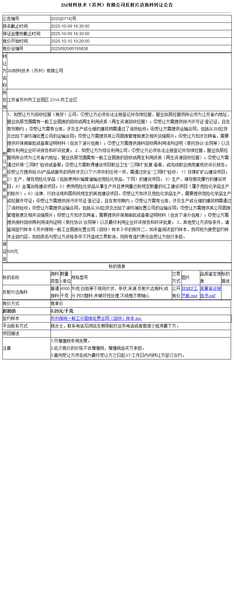 3M材料技术（苏州）有限公司反射片边角料转让公告