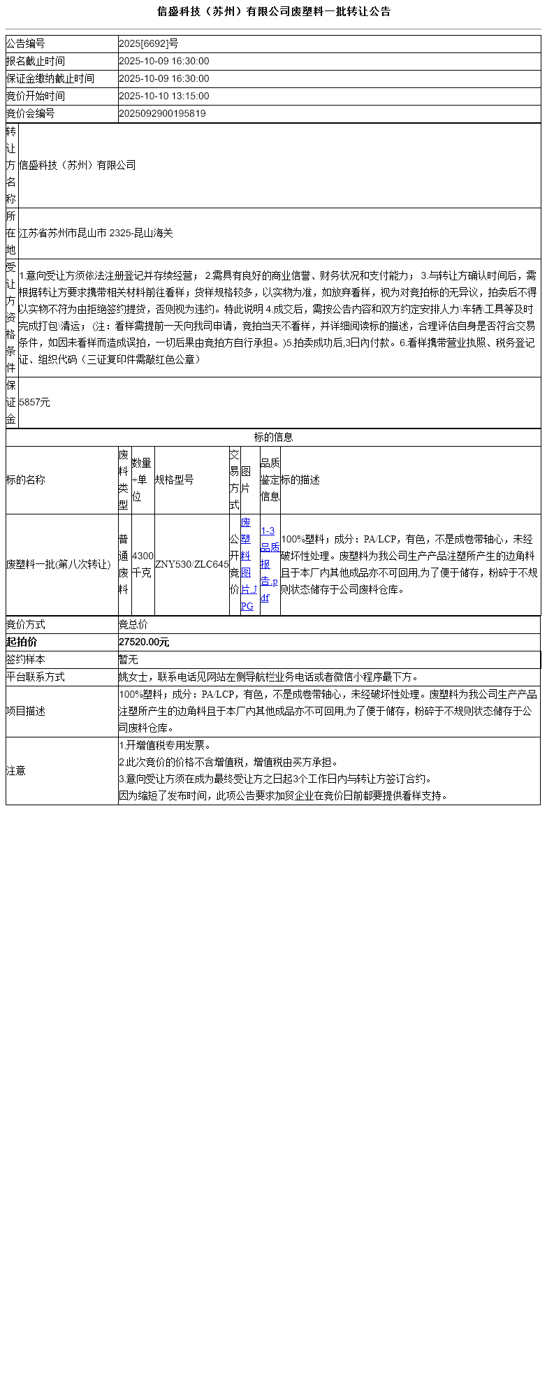 信盛科技（苏州）有限公司废塑料一批转让公告