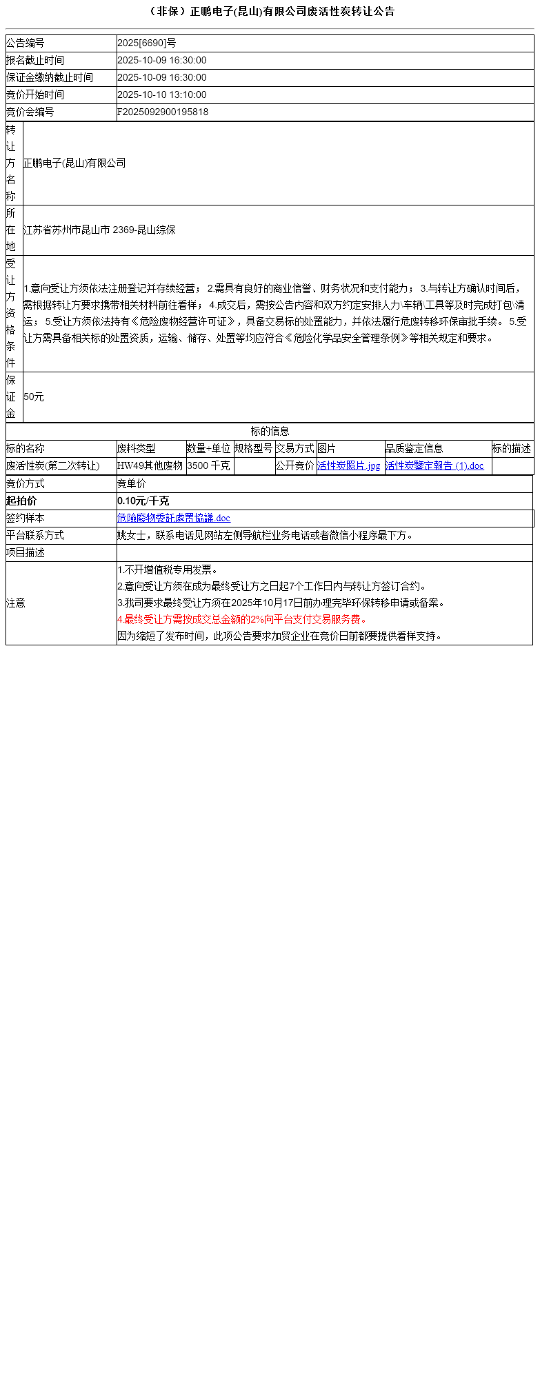 （非保）正鹏电子(昆山)有限公司废活性炭转让公告