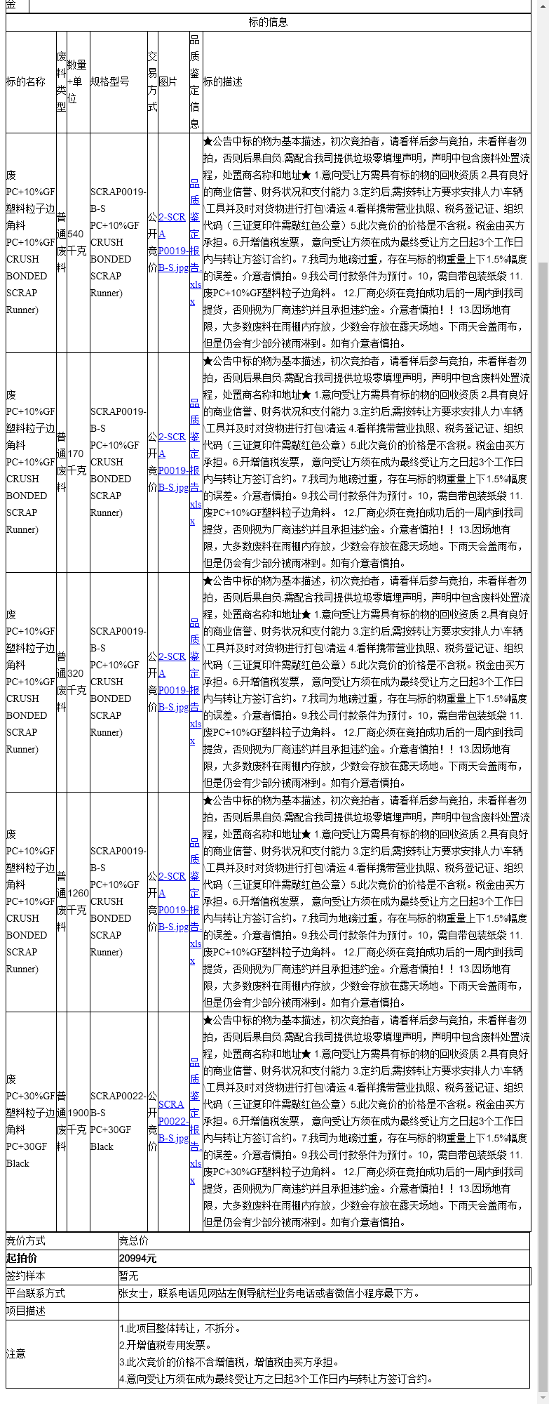 耐普罗塑胶模具（苏州）有限公司废PC+10GF和PC+30GF共4.19吨-受让方需具备回收资质，需提供垃圾零填埋声明转让公告