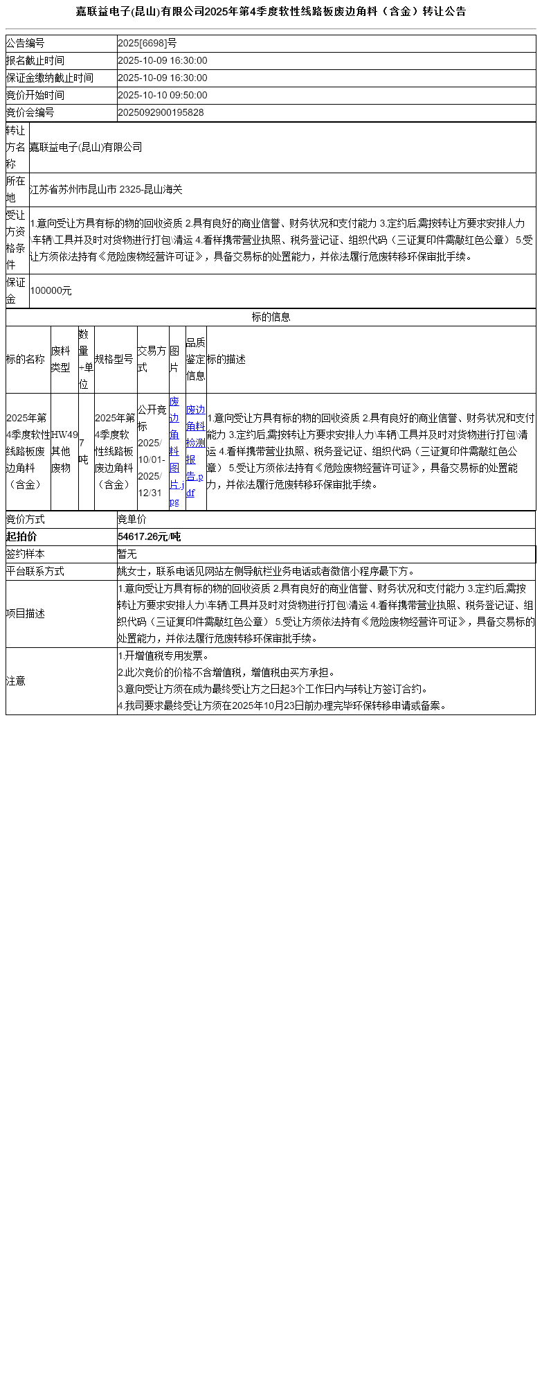 嘉联益电子(昆山)有限公司2025年第4季度软性线路板废边角料（含金）转让公告