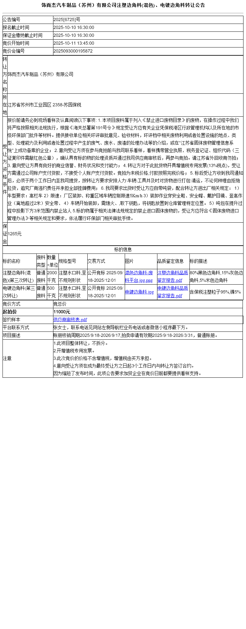 饰而杰汽车制品（苏州）有限公司注塑边角料(混色)、电镀边角料转让公告