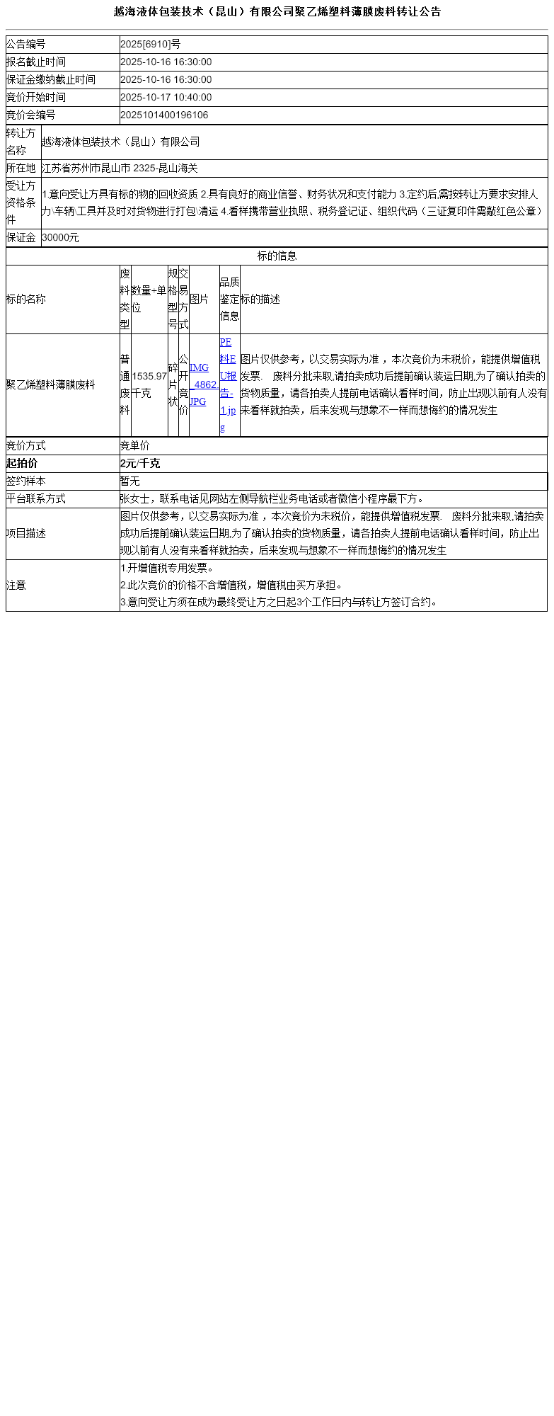 越海液体包装技术（昆山）有限公司聚乙烯塑料薄膜废料转让公告