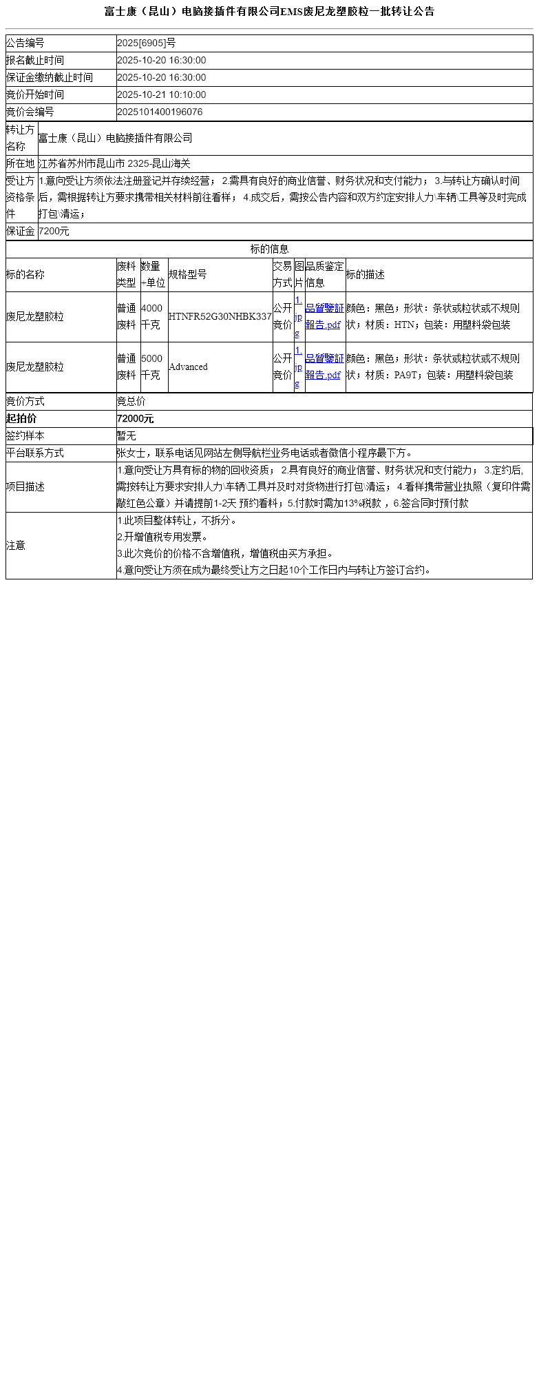 富士康（昆山）电脑接插件有限公司EMS废尼龙塑胶粒一批转让公告