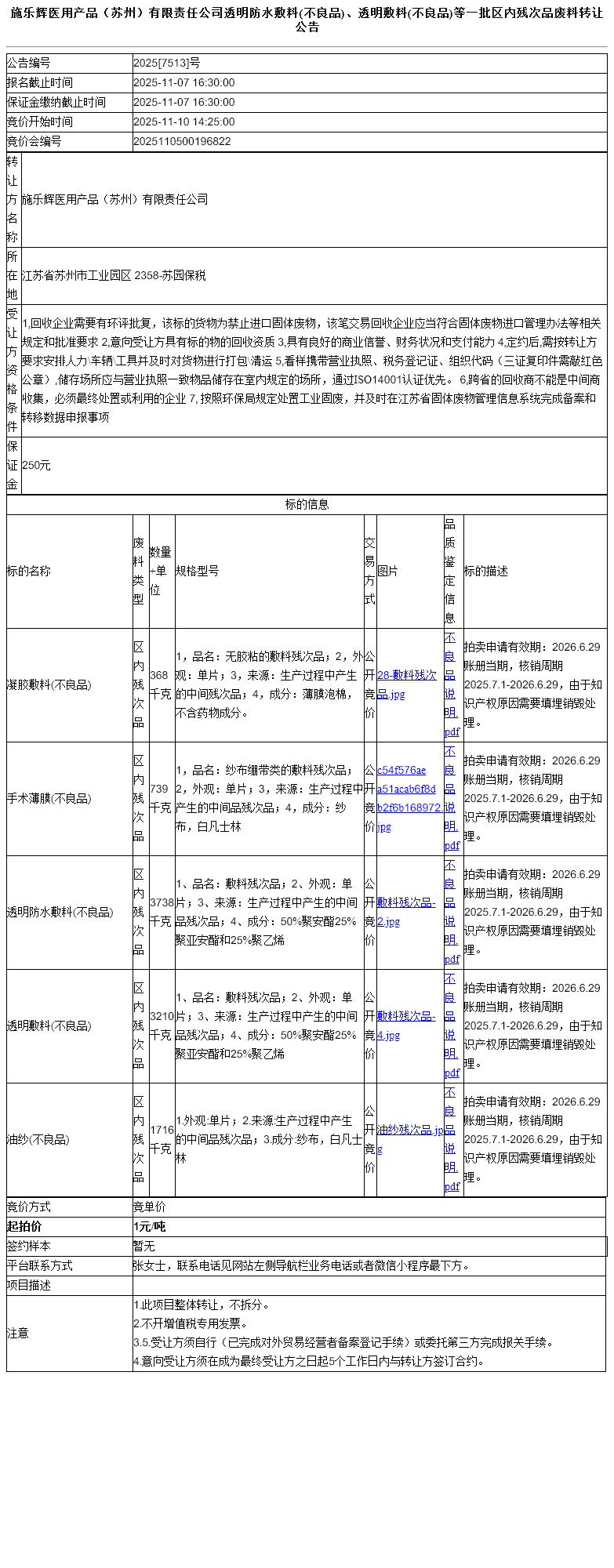 施乐辉医用产品（苏州）有限责任公司透明防水敷料(不良品)、透明敷料(不良品)等一批区内残次品废料转让公告