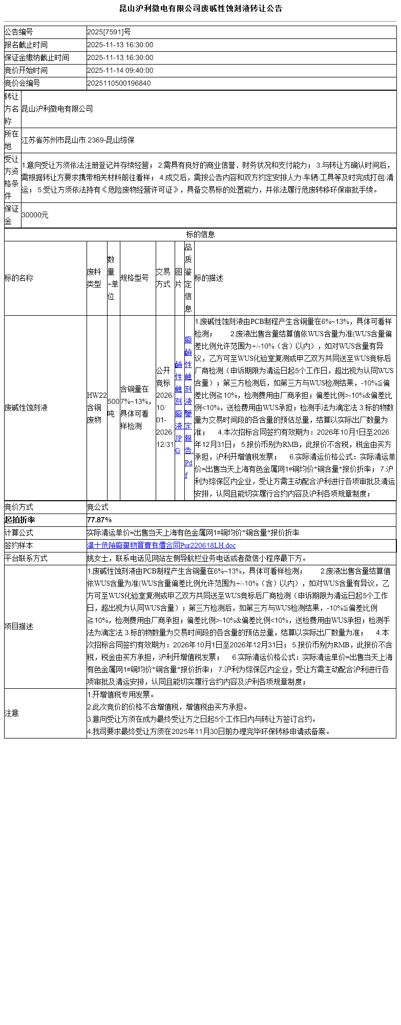 昆山沪利微电有限公司废碱性蚀刻液转让公告