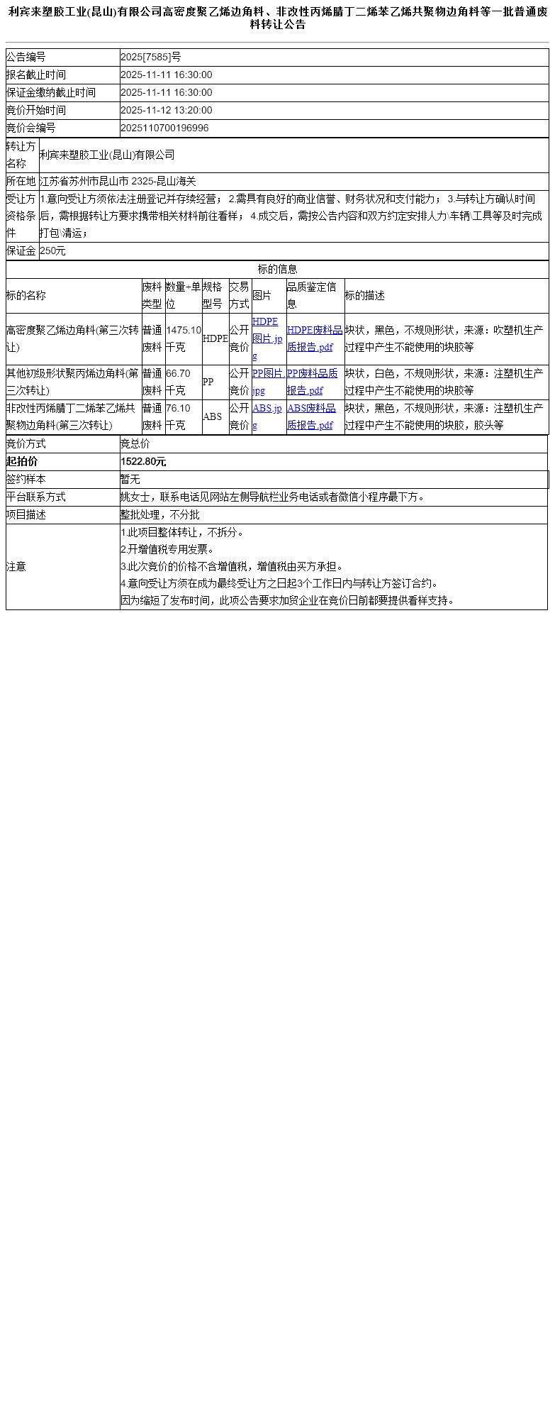 利宾来塑胶工业(昆山)有限公司高密度聚乙烯边角料、非改性丙烯腈丁二烯苯乙烯共聚物边角料等一批普通废料转让公告