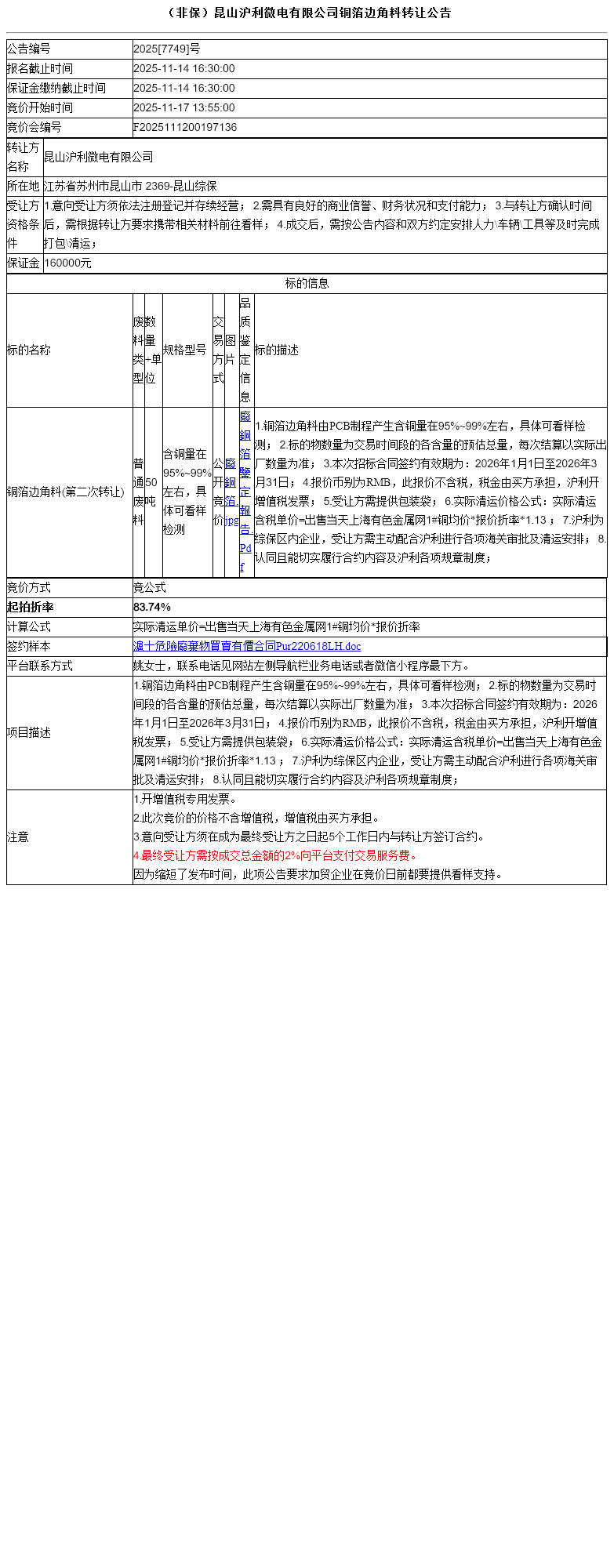 （非保）昆山沪利微电有限公司铜箔边角料转让公告