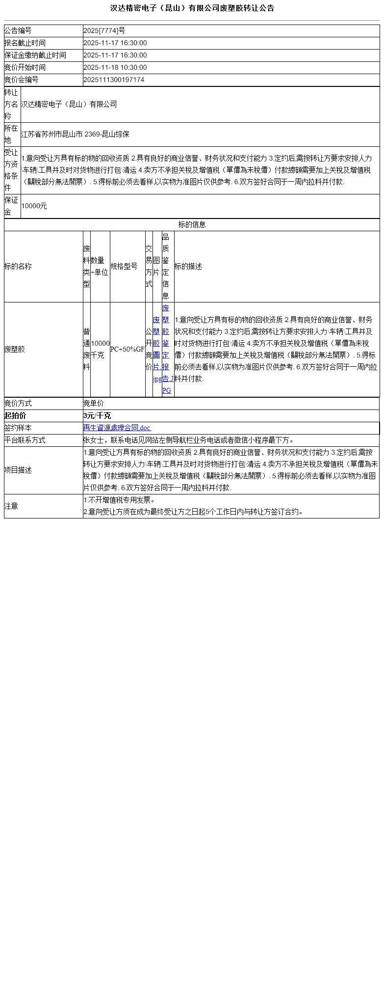 汉达精密电子（昆山）有限公司废塑胶转让公告