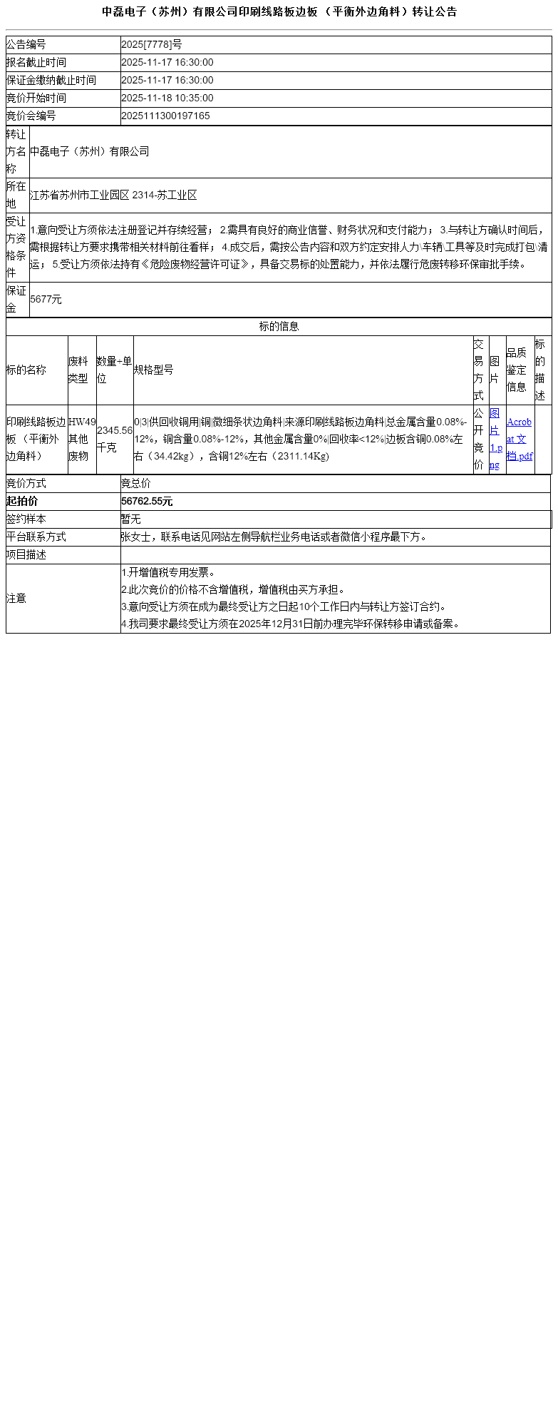 中磊电子（苏州）有限公司印刷线路板边板 （平衡外边角料）转让公告