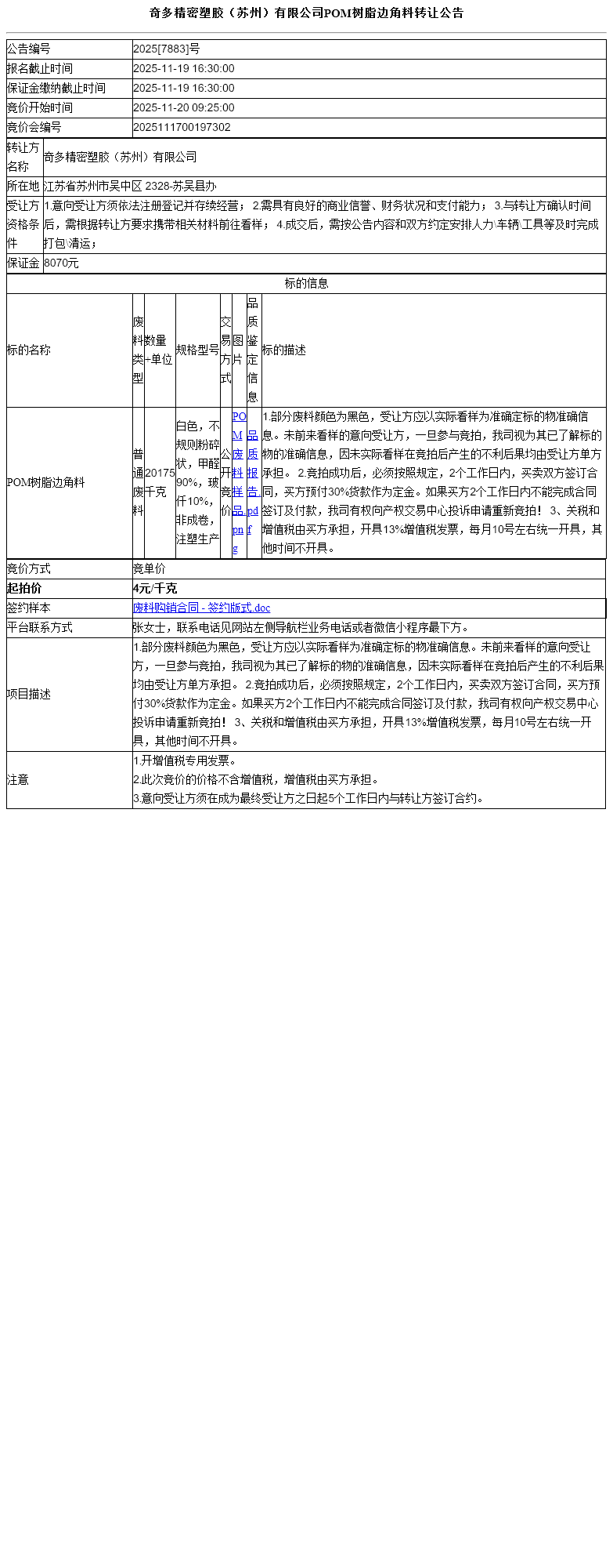 奇多精密塑胶（苏州）有限公司POM树脂边角料转让公告