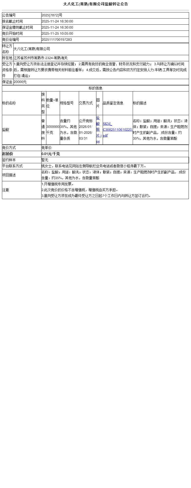 大八化工(常熟)有限公司盐酸转让公告