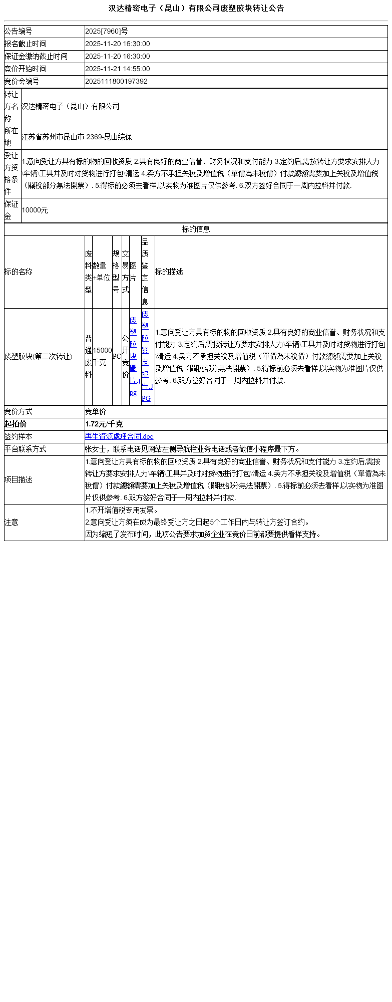 汉达精密电子（昆山）有限公司废塑胶块转让公告